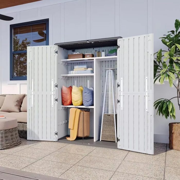 Outdoor Resin Storage Shed, Metal Shelf Kit and Floor, Vertically Waterproof, Used for Garden Tool Garage Storage Shed