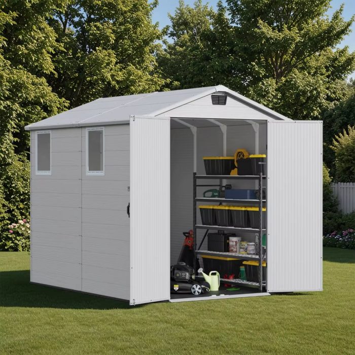 6 X 8 FT Plastic Outdoor Storage Shed with Floor,With Two Windows and Lockable Door for Garden, Resin outside Tool Shed