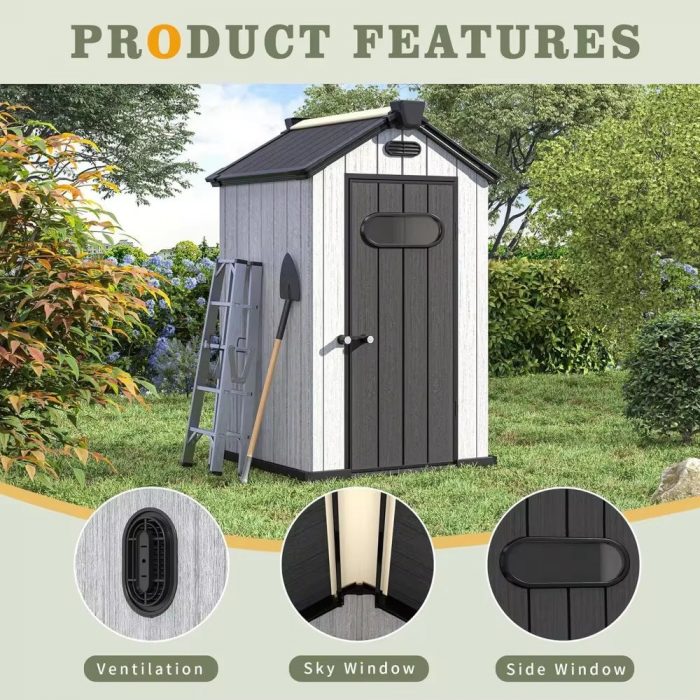 Weatherproof Outdoor Plastic Storage Shed with Floor Air Vents Windows Skylights Lockable Doors Patio 4X4 FT Resin Storage Shed