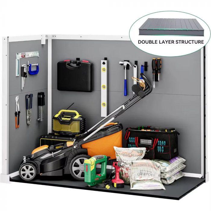 Storage Shed Resin, 41 Cu.Ft Small Outdoor Shed with 3 Doors & Floor, 306GAL Deck Box Waterproof Plastic Tool Storage Sheds
