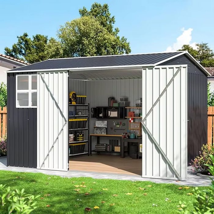 8X12 FT Outdoor Storage Shed, Metal Garden Tool Shed with Updated Frame Structure, Lockable Doors and Windows, Ideal for Backyar