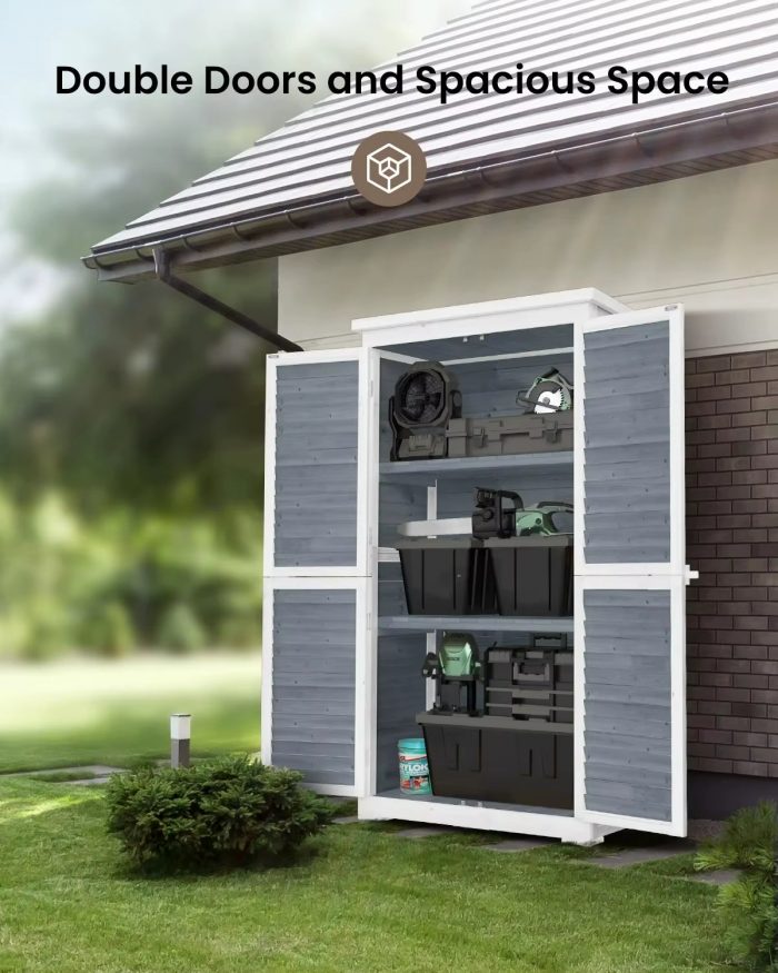 63" Outdoor Wood Storage Cabinet with Double Doors & Slanted Roof, Weatherproof Garden Tool Shed for Patio, Lawn or Backyard