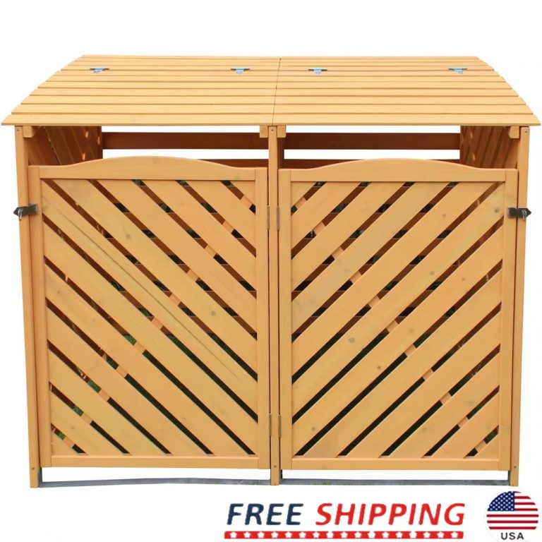 Outdoor Wooden Trash Bin and Recycling Storage Shed Durable Garden Waste Solution with Double Doors and Locking Latch
