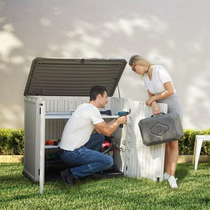 Outdoor Storage Shed Waterproof, Resin Vertical Storage Cabinet Double-Layered, Versatile to Store Patio Furniture, Garden Tools