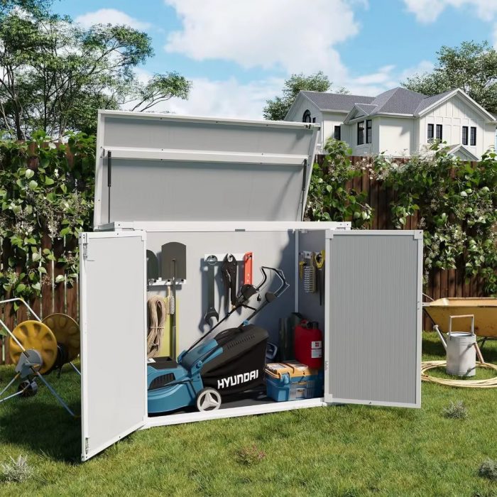 Storage Shed Resin, 41 Cu.Ft Small Outdoor Shed with 3 Doors & Floor, 306GAL Deck Box Waterproof Plastic Tool Storage Sheds