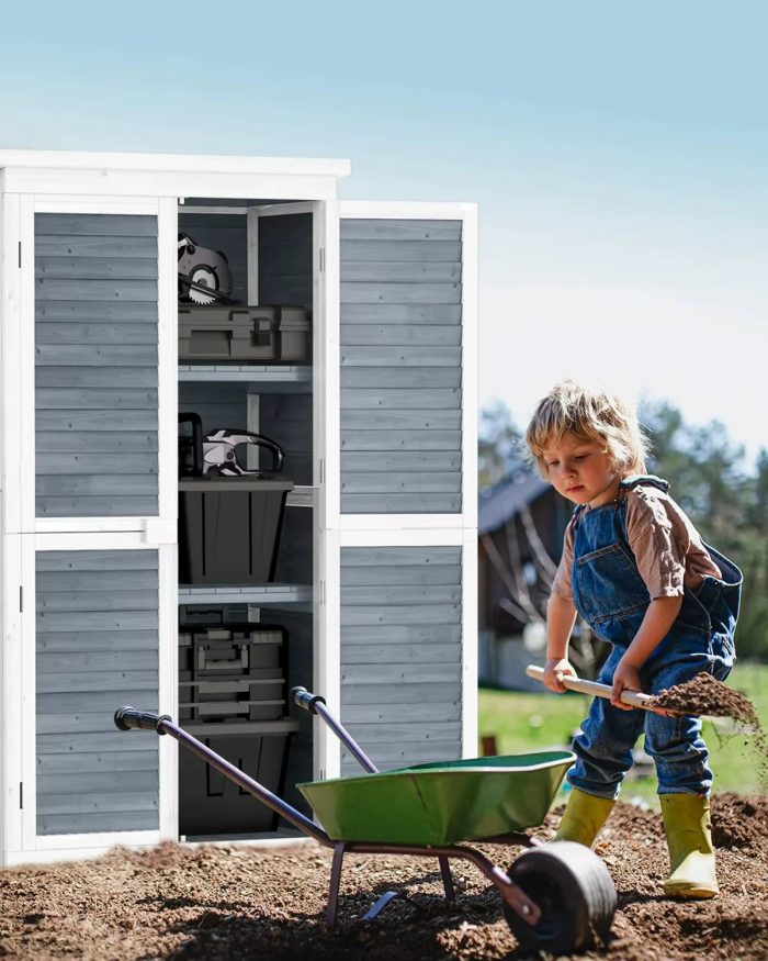 63" Outdoor Wood Storage Cabinet with Double Doors & Slanted Roof, Weatherproof Garden Tool Shed for Patio, Lawn or Backyard