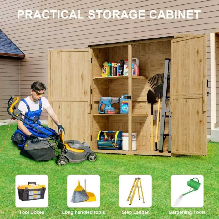 Outdoor Storage Cabinet with Waterproof Roof, Double Lockable Doors Garden Shed with 2 Removable Shelves, Wooden Storage Shed