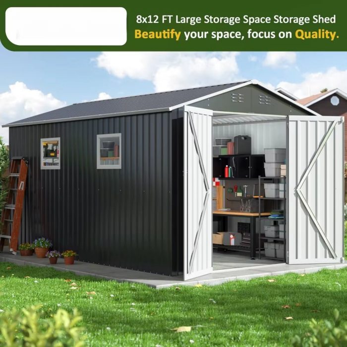 8X12 FT Outdoor Storage Shed, Metal Garden Tool Shed with Updated Frame Structure, Lockable Doors and Windows, Ideal for Backyar