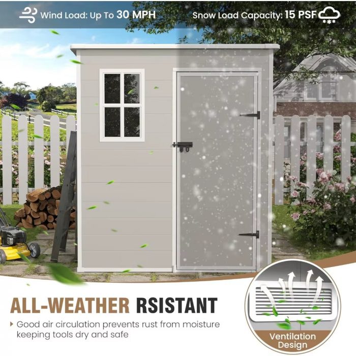 Outdoor Storage Shed, 6X6 FT Resin Shed with Floor and Lockable Door, Window & Vents, Tool Sheds & Outdoor Storage