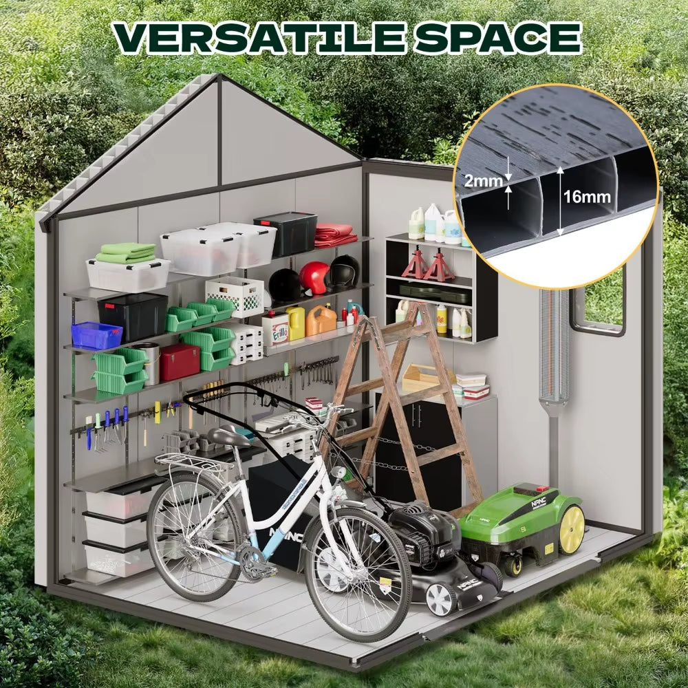 8 X 6 FT Resin Outdoor Storage Shed with Floor, Outdoor Storage Tool Shed with Windows and Lockable Door, Resin Garden Shed