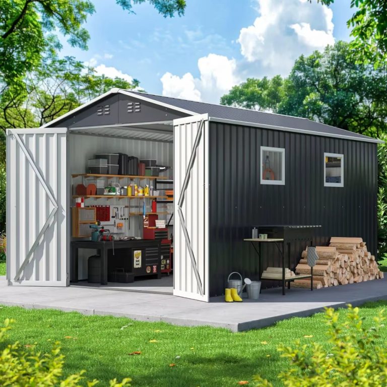 8X12 FT Outdoor Storage Shed, Metal Garden Tool Shed with Updated Frame Structure, Lockable Doors and Windows, Ideal for Backyar