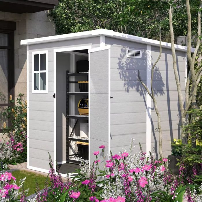 6X6 FT Resin Storage Shed, Waterproof Plastic Storage Shed with Floor & Window, All Weather outside Tool Storage Cabinet With