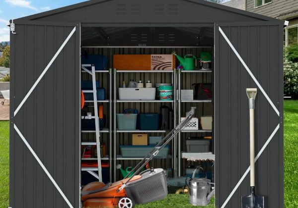 8X6 FT Metal Outdoor Storage Shed with Lockable Hinged Doors, Waterproof Steel Tool Shed with Vents for Garden, Patio