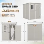 Outdoor Storage Shed, 6X6 FT Resin Shed with Floor and Lockable Door, Window & Vents, Tool Sheds & Outdoor Storage