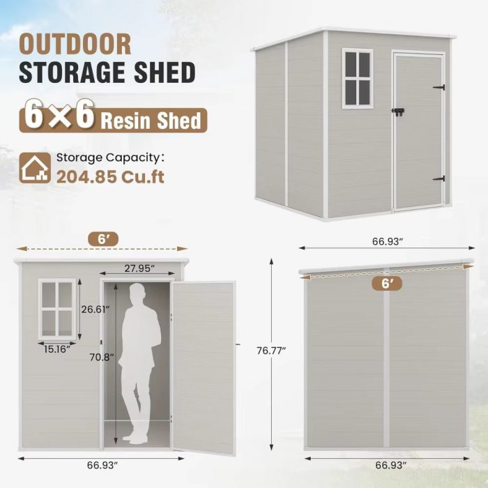 Outdoor Storage Shed, 6X6 FT Resin Shed with Floor and Lockable Door, Window & Vents, Tool Sheds & Outdoor Storage