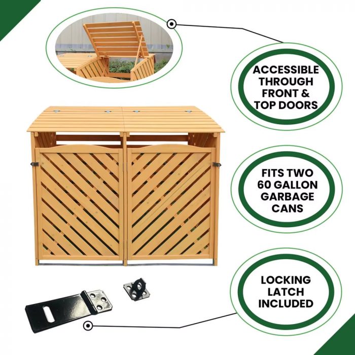 Outdoor Wooden Trash Bin and Recycling Storage Shed Durable Garden Waste Solution with Double Doors and Locking Latch