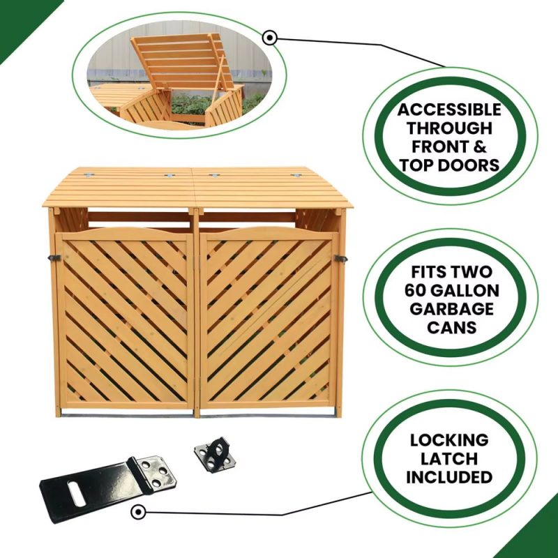 Outdoor Wooden Trash Bin and Recycling Storage Shed Durable Garden Waste Solution with Double Doors and Locking Latch