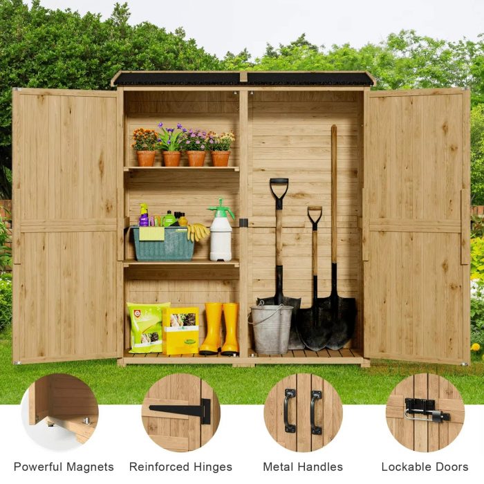 63'' Tall Solid Wood Outdoor Storage Cabinet, Waterproof Garden Shed with Double Doors, Adjustable Shelves & Asphalt Roof