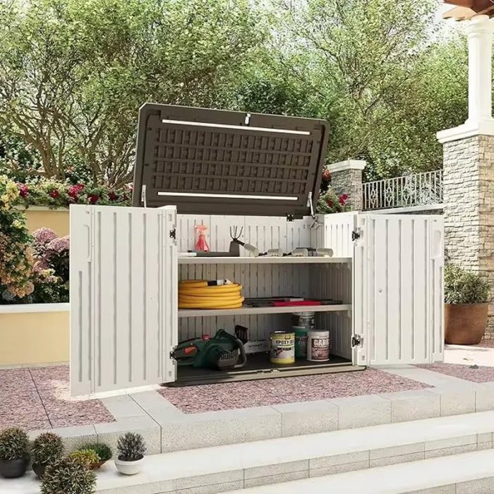 Outdoor Resin Storage Shed, Metal Shelf Kit and Floor, Vertically Waterproof, Used for Garden Tool Garage Storage Shed