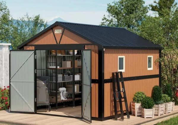 10X12 Ft Outdoor Storage Shed, Extra Large Metal Shed with Lockable Doors, 2 Windows, outside Steel Tiny House Ideal