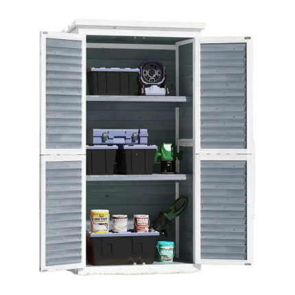 Tall 63" Outdoor Wood Storage Cabinet with Double Locking Doors & Slanted Roof - Weatherproof