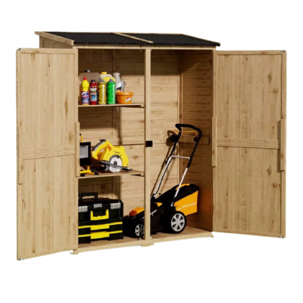 Tall Wooden Outdoor Storage Cabinet with 2 Removable Shelves & Double Locking Doors - Waterproof Roof