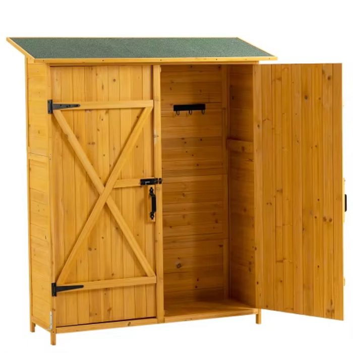 56"L X 19.5"W X 64"H Outdoor Storage Shed with Lockable Door, Wooden Tool Storage Shed W/Detachable Shelves & Pitch Roof