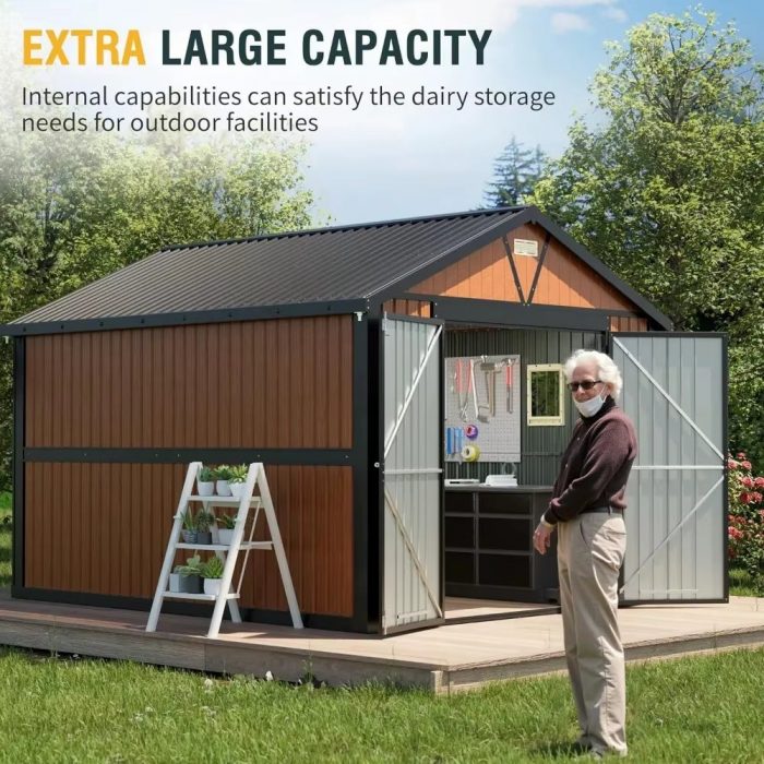 10X12 Ft Outdoor Storage Shed, Extra Large Metal Shed with Lockable Doors, 2 Windows, outside Steel Tiny House Ideal