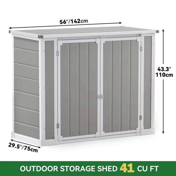 Storage Shed Resin, 41 Cu.Ft Small Outdoor Shed with 3 Doors & Floor, 306GAL Deck Box Waterproof Plastic Tool Storage Sheds