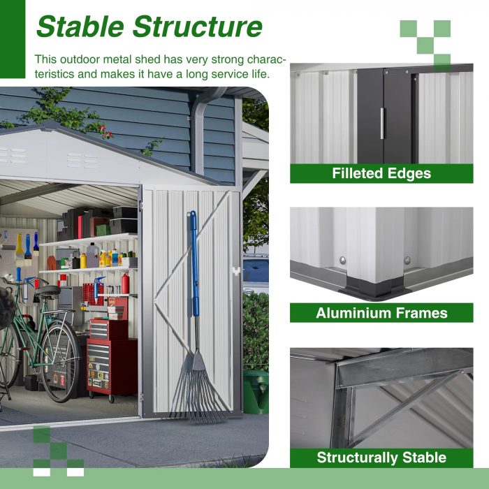 10X8 FT Outdoor Storage Shed, All Weather Metal Sheds with Lockable Doors, Tool Shed for Garden, Patio, Backyard, White