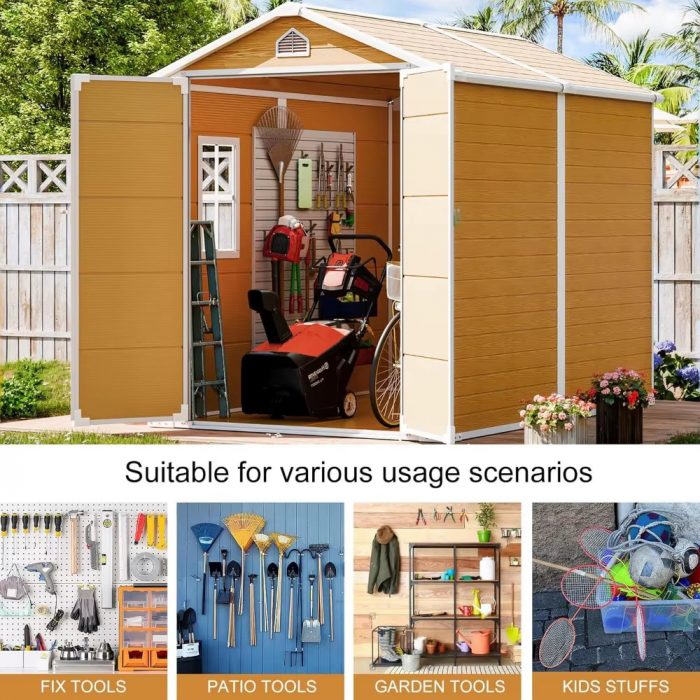 Outdoor Resin Storage Shed with Floor Inlcuded Wood Color Plastic Sheds for Garden Backyard Patio Lawn Tools Waterproof House