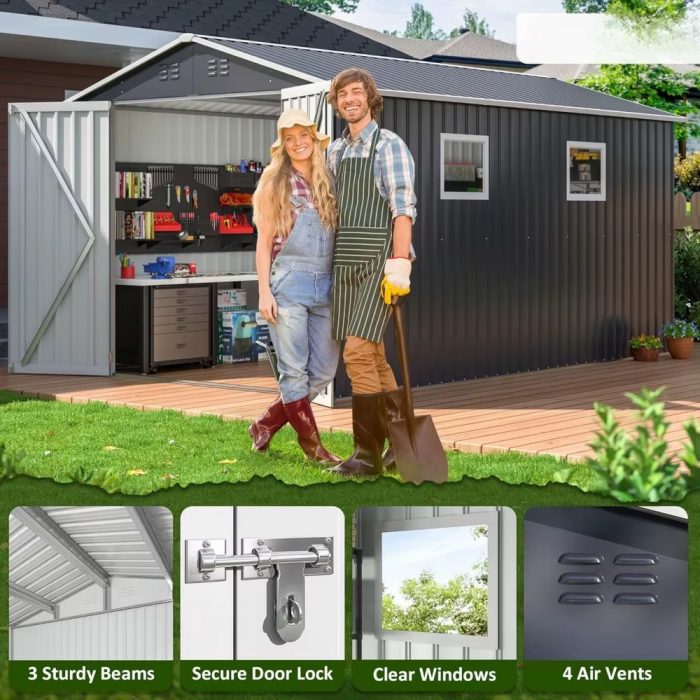 8X12 FT Outdoor Storage Shed, Metal Garden Tool Shed with Updated Frame Structure, Lockable Doors and Windows, Ideal for Backyar
