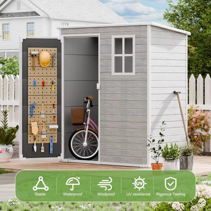 5X3 FT Outdoor Storage Shed, Waterproof Thicker Small Resin Shed with Floor & Lockable Door & Window & Vents, Plastic Tool Sheds