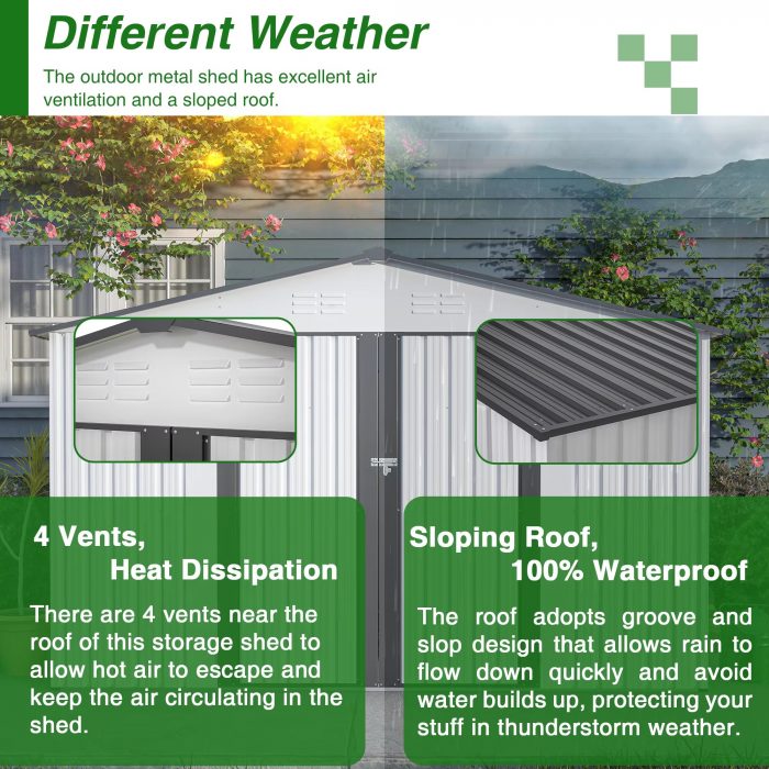 10X8 FT Outdoor Storage Shed, All Weather Metal Sheds with Lockable Doors, Tool Shed for Garden, Patio, Backyard, White