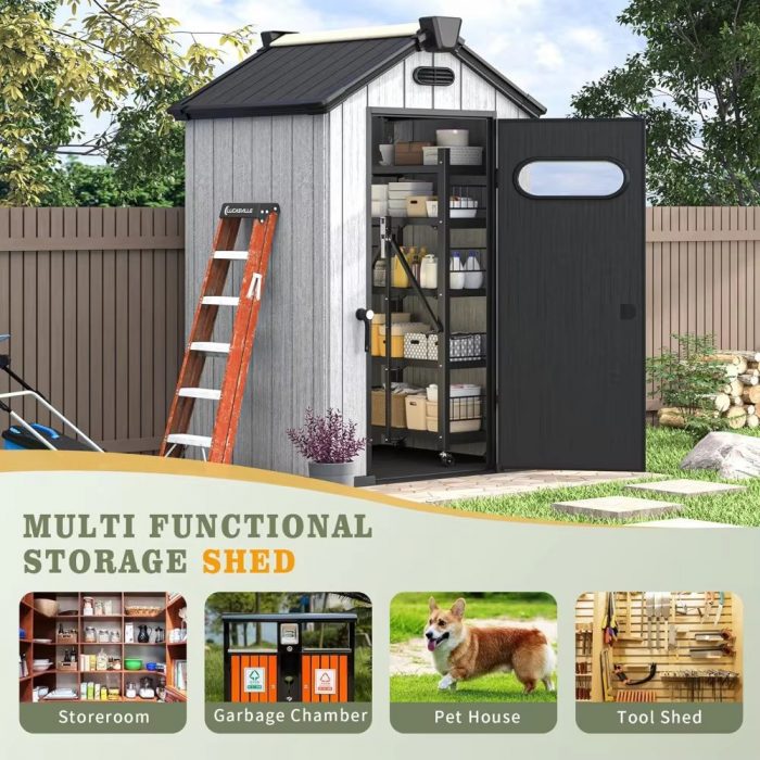 Weatherproof Outdoor Plastic Storage Shed with Floor Air Vents Windows Skylights Lockable Doors Patio 4X4 FT Resin Storage Shed